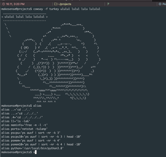 <p>Повторить предыдущую команду как root</p><pre class="ql-syntax" spellcheck="false">sudo !!
</pre><p>Выполнить команду, чтобы она не сохранилась в истории</p><pre class="ql-syntax" spellcheck="false">&nbsp;ls -l
history <span class="hljs-comment"># check the history</span>
</pre><p>Поправить предыдущую очень длинную команду (откроется редактор)</p><pre class="ql-syntax" spellcheck="false">fc
</pre><p>Закрыть сессию так, чтобы процессы пользователя продолжили работать</p><pre class="ql-syntax" spellcheck="false">disown -a &amp;&amp; <span class="hljs-keyword">exit</span>
</pre><p>Очистить терминал</p><pre class="ql-syntax" spellcheck="false">ctrl + l&nbsp;<span class="hljs-comment"># L</span>
</pre><p>Посмотреть CPU</p><pre class="ql-syntax" spellcheck="false">cat /proc/cpuinfo
</pre><p>Посмотреть память</p><pre class="ql-syntax" spellcheck="false">cat /proc/meminfo
</pre><p>Посмотреть свой внешний ip</p><pre class="ql-syntax" spellcheck="false">curl ifconfig.me
</pre><p>Найти в папке с файлами текст</p><pre class="ql-syntax" spellcheck="false">grep -rn /etc/ -e text_to_find
</pre><p>Найти файлы больше 10mb</p><pre class="ql-syntax" spellcheck="false">find -<span class="hljs-built_in">type</span> f -size +10MB -<span class="hljs-built_in">exec</span> ls -lah {} \;
</pre><p>Построить дерево каталога (3 уровня макс)</p><pre class="ql-syntax" spellcheck="false">tree -L 3
</pre><p>Посмотреть процессы в виде дерева</p><pre class="ql-syntax" spellcheck="false">pstree
</pre><p>Создать ссылку из каталога в другой каталог</p><pre class="ql-syntax" spellcheck="false">ln -s /<span class="hljs-keyword">var</span>/www/apps/images.<span class="hljs-property">site</span>.<span class="hljs-property">com</span>/www name_of_link
</pre><p><br></p><h2>Список моих alias для linux</h2><pre class="ql-syntax" spellcheck="false">export CLICOLOR=<span class="hljs-number">1</span>

dexec() {
&nbsp;&nbsp;docker exec -it <span class="hljs-string">"<span class="hljs-subst">$1</span>"</span> /bin/bash
&nbsp;&nbsp;<span class="hljs-keyword">echo</span> <span class="hljs-string">"<span class="hljs-subst">$1</span>"</span>
}

alias ..=<span class="hljs-string">'cd ../..'</span>
alias ...=<span class="hljs-string">'cd ../../..'</span>
alias <span class="hljs-number">.4</span>=<span class="hljs-string">'cd ../../../../'</span>
alias ll=<span class="hljs-string">'ls -laG'</span>
alias ports=<span class="hljs-string">'netstat -tulanp'</span> <span class="hljs-comment">#for linux</span>
﻿alias ports=<span class="hljs-string">'netstat -anvp tcp'</span> <span class="hljs-comment">#for macos</span>
alias meminfo=<span class="hljs-string">'free -m -l -t'</span>
</pre><p><br></p><h3>Чтобы добавить alias нужно:</h3><ol><li>открыть file ~/.bashrc</li><li>добавить нужные синонимы</li><li>выйти и выполнить source ~/.bashrc</li></ol>