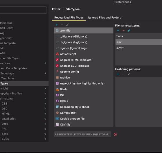<p>Когда у вас подключен <a href="https://plugins.jetbrains.com/plugin/9525--env-files-support" target="_blank">.env плагин</a>, а подсветка синтаксиса в .env файле не работает, нужно:</p><ol><li>Зайте в Settings -> Editor -> File Types</li><li>Добавить .env значение</li><li>Перезагрузить ide при желании</li></ol>